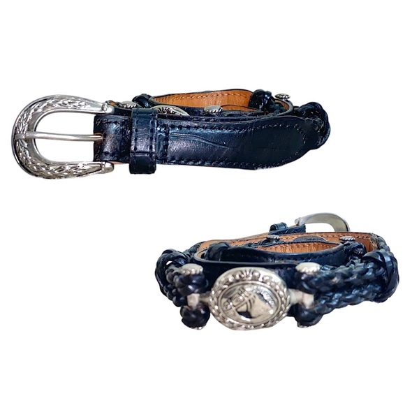 Vintage Accessories - Vintage 90s Equestrian Western Horse Silver Studded Braided Black Leather Belt
